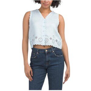 ELIE TAHARI Linen Blend Sleeveless V-neck Button Down Eyelet Cut Out Top